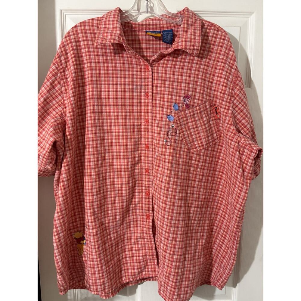 Vtg Disney Winnie The Pooh Embroidered Button-Up Shirt Red Plaid Size 26W/28W